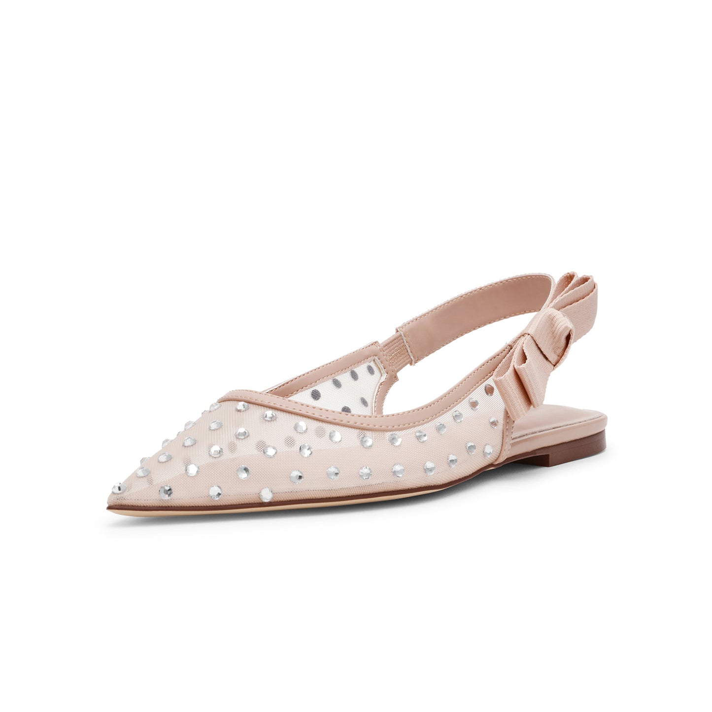 Nude Mesh Pointed-Toe Rhinestones And Slingback With Bow Flats