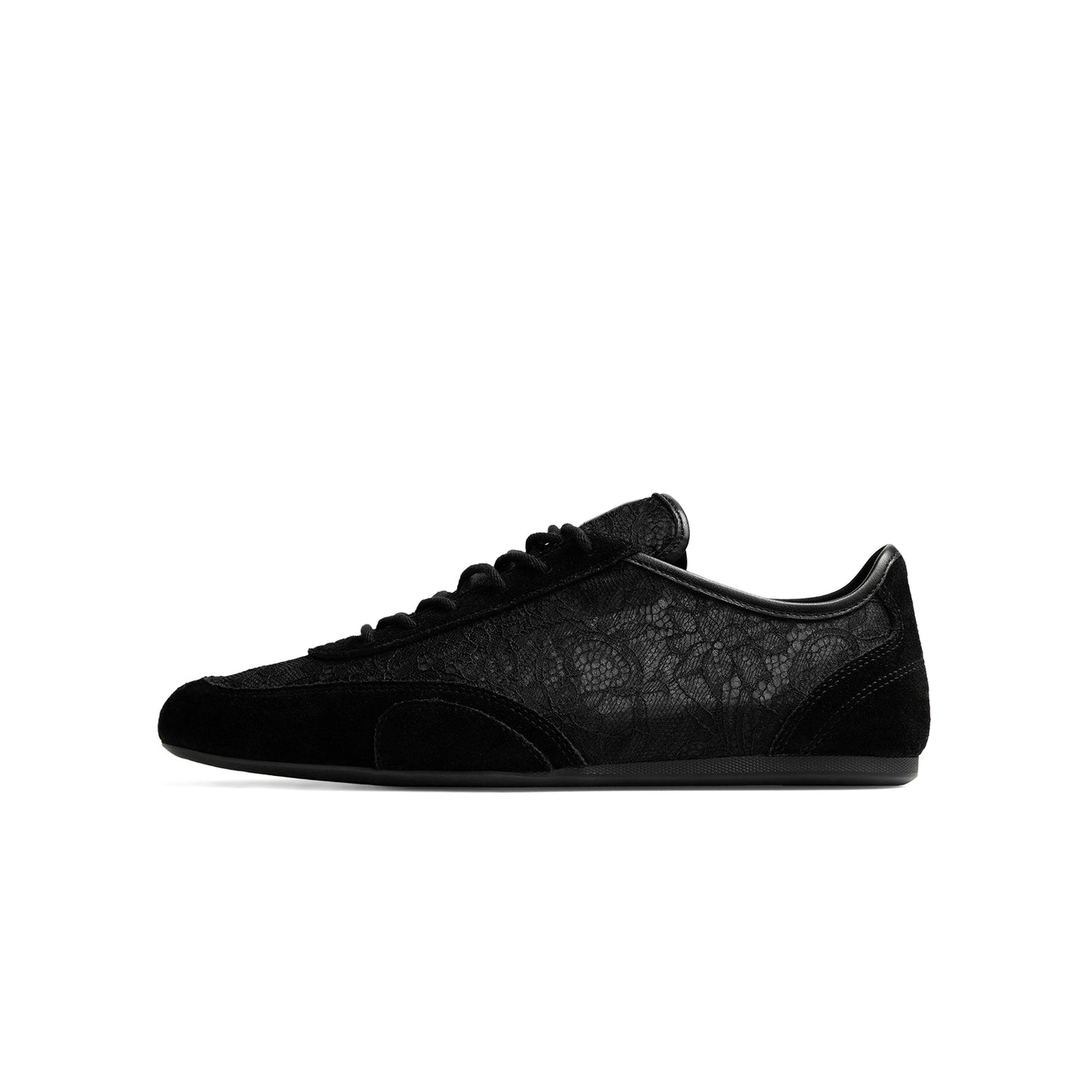 Black Faux Suede And Lace Mesh Round-Toe Lace-Up Sneakers Flats