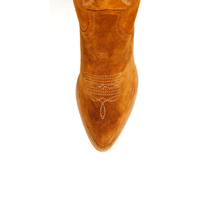 Brown Faux Suede Round-Toe Half-Zip Embroidery Tall Knee High Cowgirl Boots