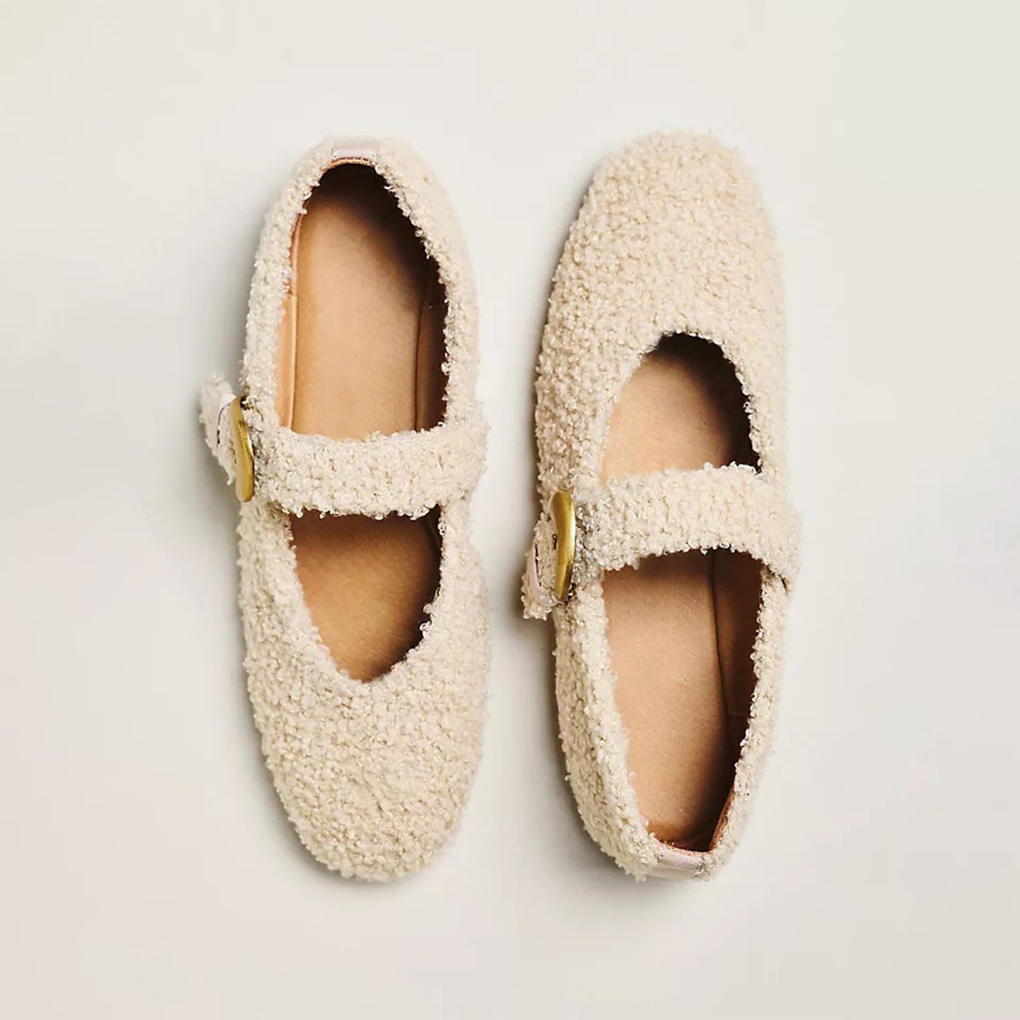 Nude Plush Square-Toe Buckle Bridge Strap Ballet Flats