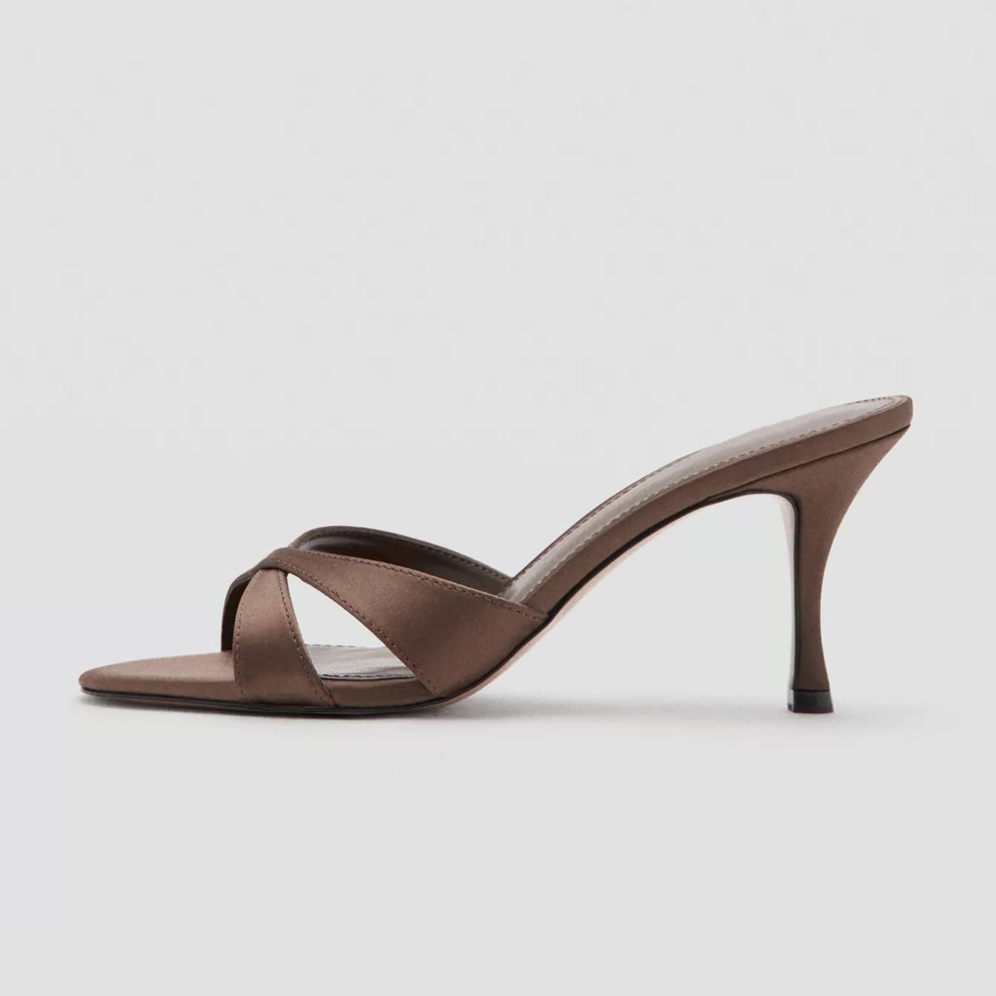 Chocolate Satin Round-Toe Front Crossed Straps Slip-On High Heels