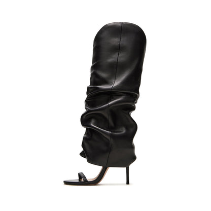 Black Open Round-Toe Fold-Over Wide Calf Knee High Stiletto Boots