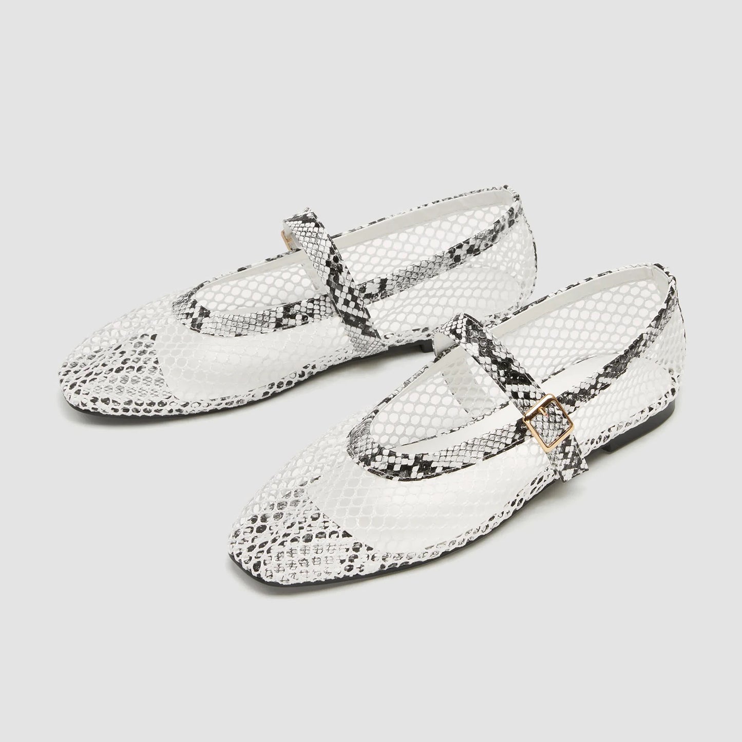 Mesh And Snakeskin Pattern Square-Toe Mary Jane Ballet Flats