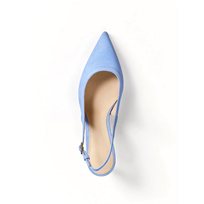 Blue Faux Suede Pointed-Toe Slingback Kitten Heels