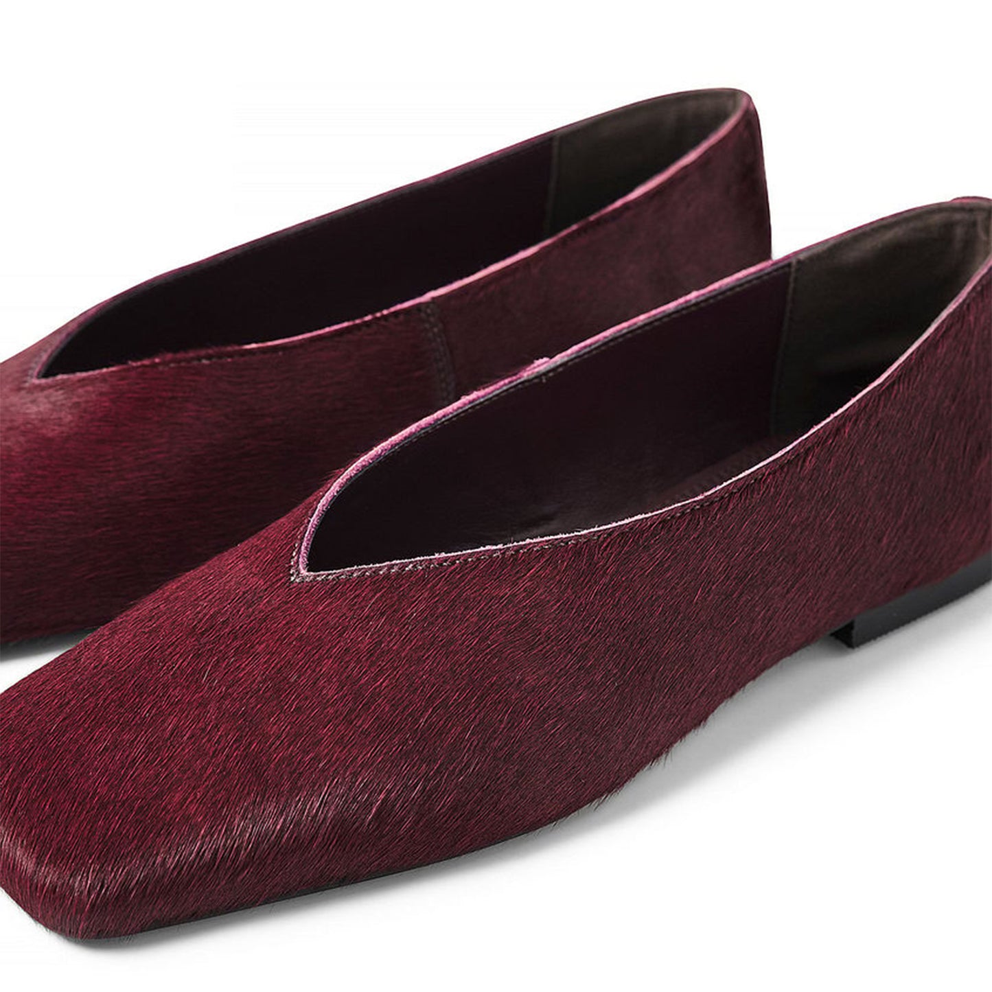 Burgundy Pony Hair Vegan Leather Square-Toe Simple Slip-On Ballet Flats