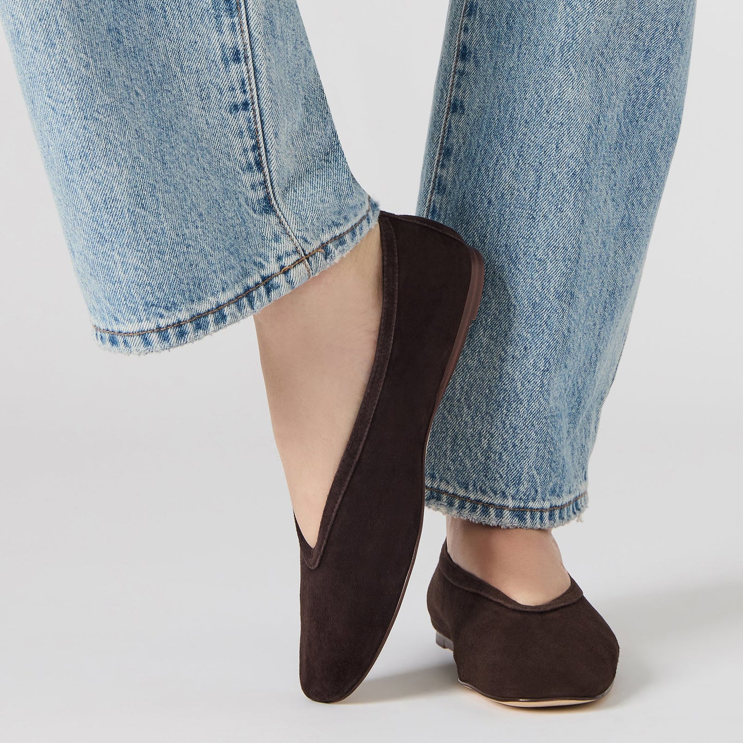 Dark Brown Faux Suede Elegant Square-Toe Rhinestone Slip-On Flats