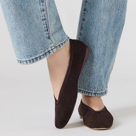 Dark Brown Faux Suede Elegant Square-Toe Rhinestone Slip-On Flats