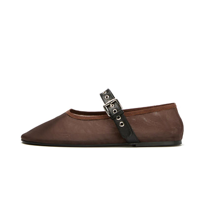 Chocolate Mesh Round-Toe Ballet Flats With Bridge Strap