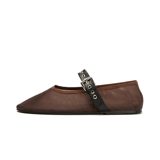 Chocolate Mesh Round-Toe Ballet Flats With Bridge Strap