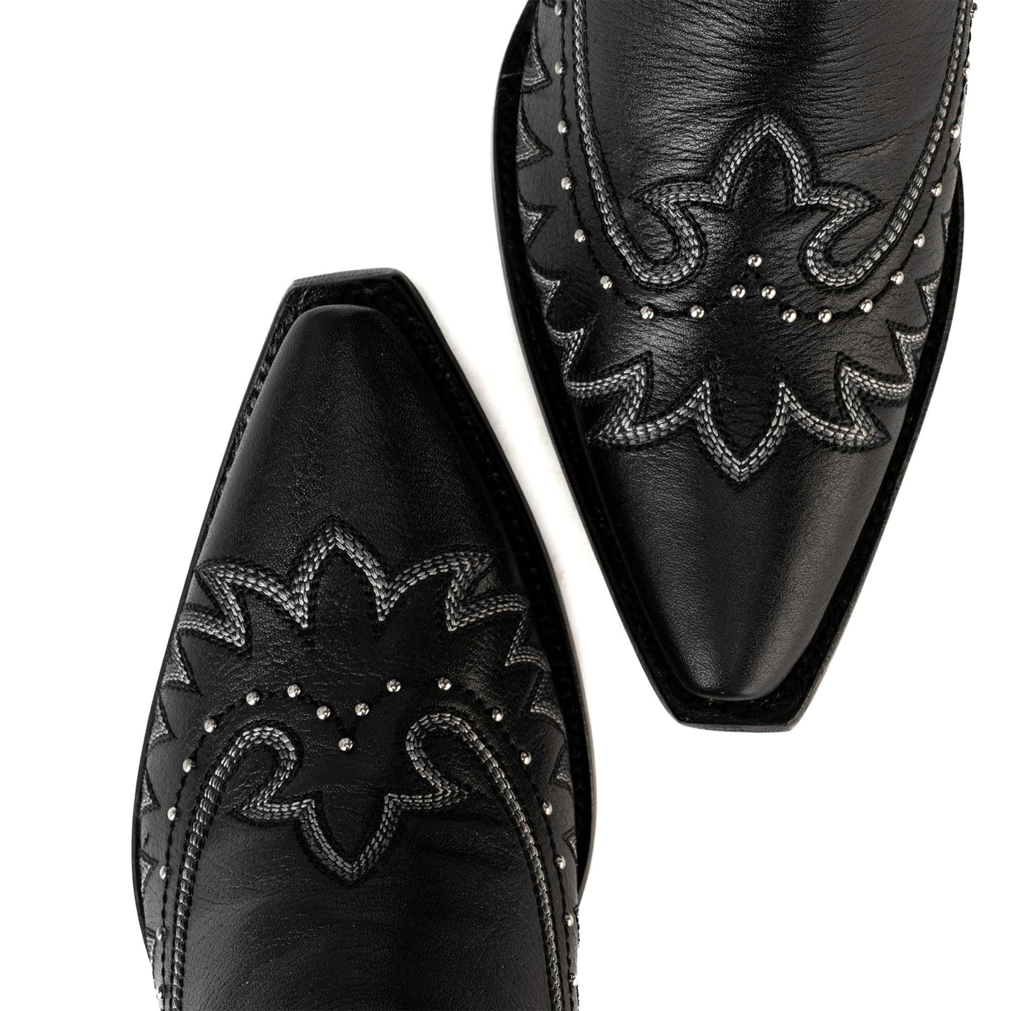 Black Snip-Toe Wings Embroidery Studded Half-Zip Knee High Cowgirl Boots