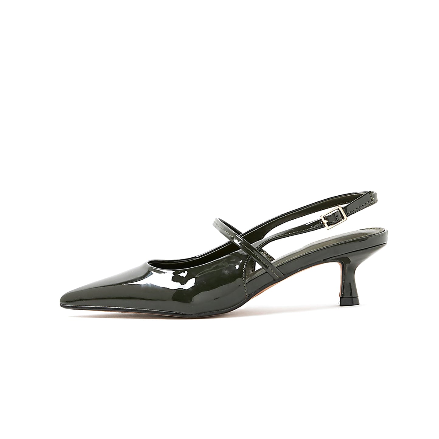 Patent Khaki Pointed-Toe Strappy Slingback Kitten Heels