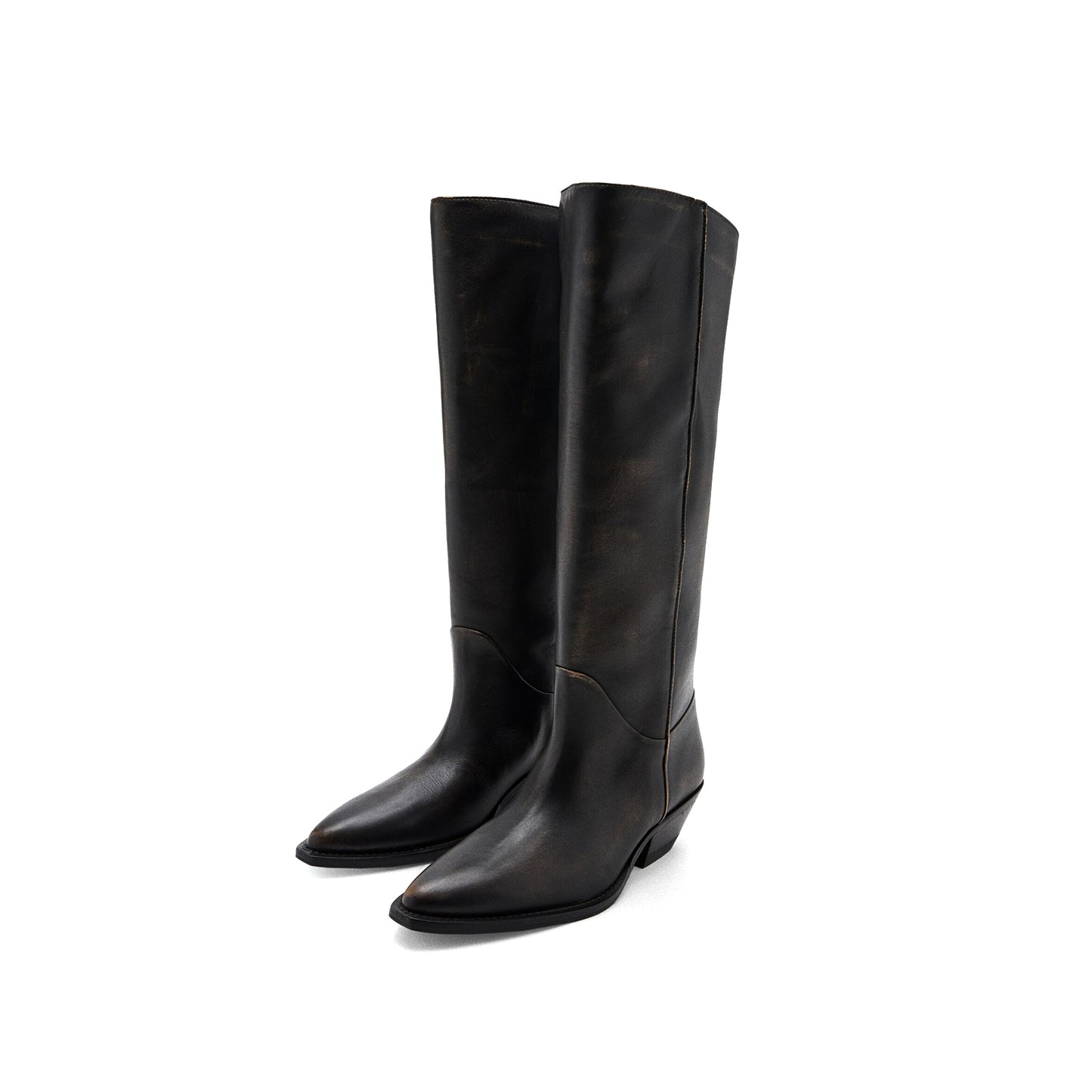 Brown Pointed-Toe Sleek Wide Calf Knee High Cowgirl Boots