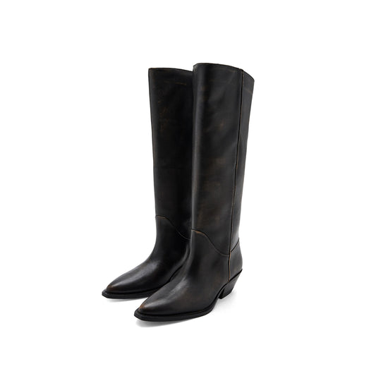 Brown Pointed-Toe Sleek Wide Calf Knee High Cowgirl Boots