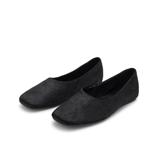 Black Pony Hair Print Square-Toe Ballet Flats