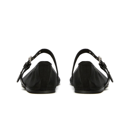 Black Mesh Round-Toe Ballet Flats With Bridge Strap