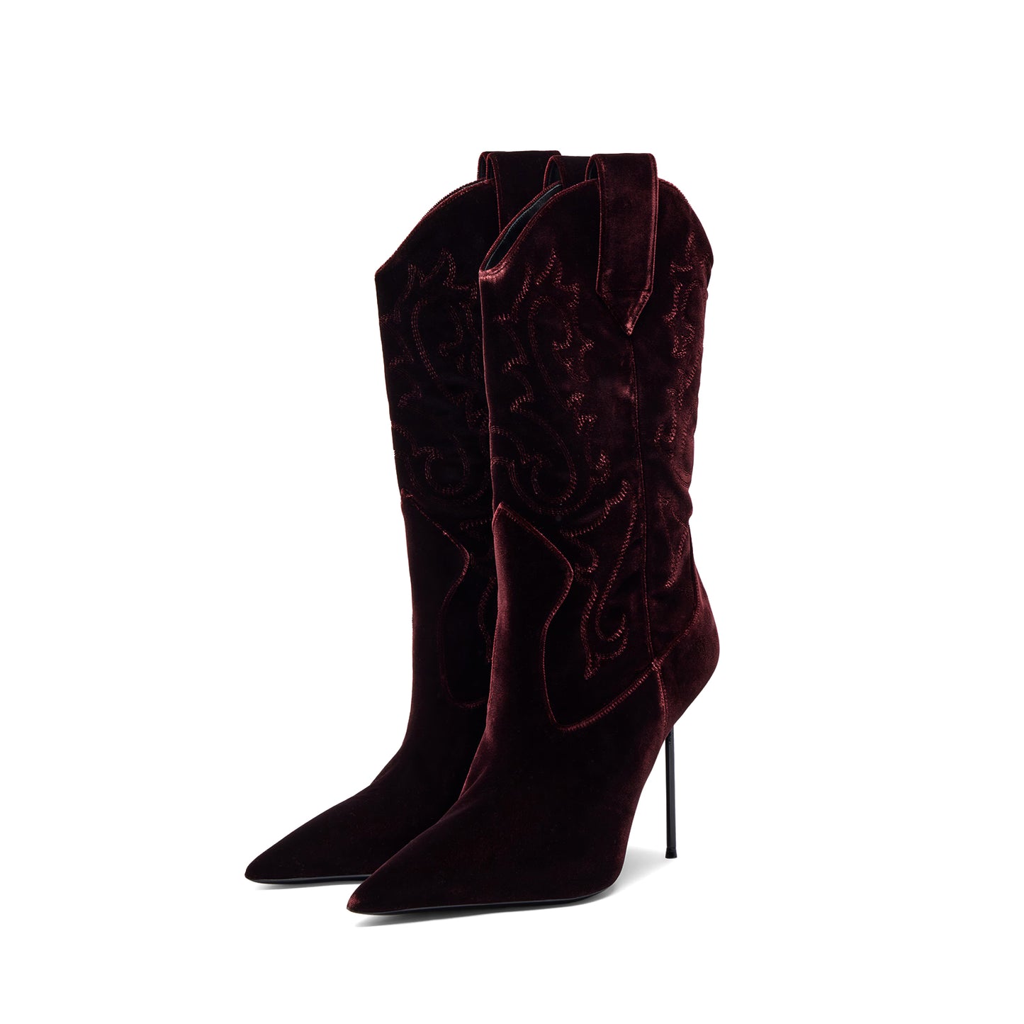 Burgundy Velvet Pointed-Toe Embroidery Chic Mid Calf Stiletto Boots