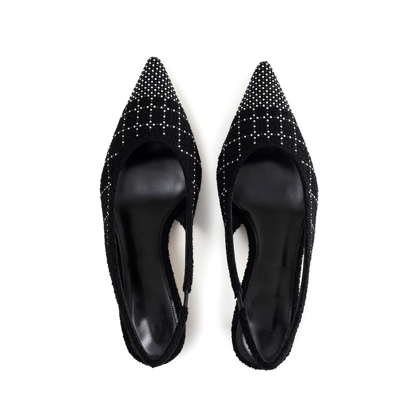 Black Tweed With Pearls Pointed-Toe Slingback Slip-On Kitten Heels