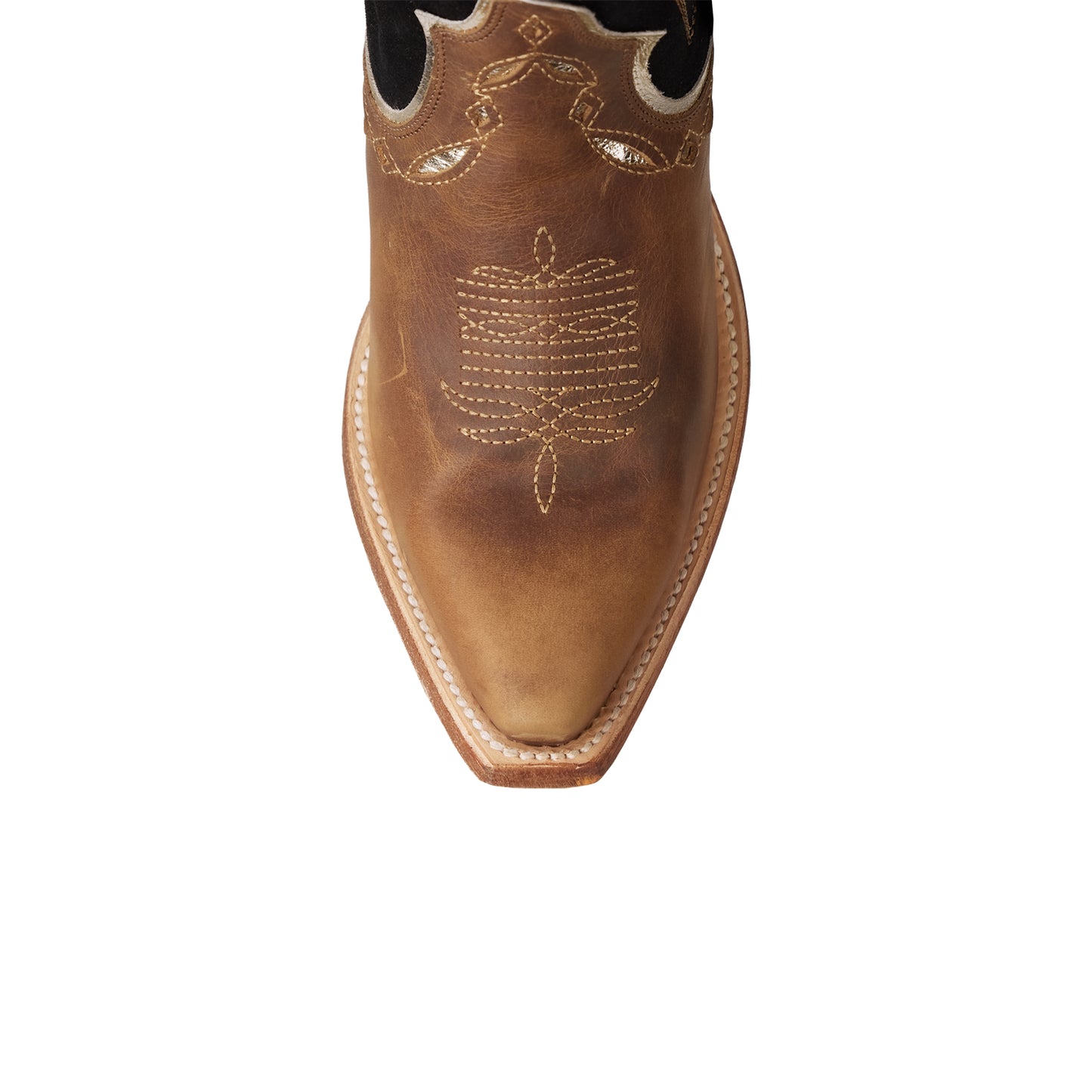 Contrast Brown And Black Faux Suede Snip-Toe Horse Embroidery Full-Zip Ankle Cowgirl Boots