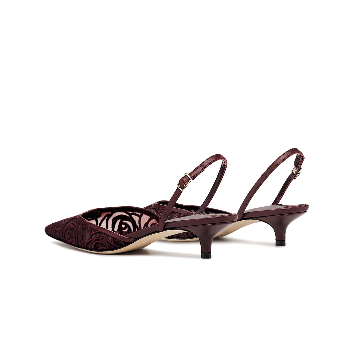 Dark Red Mesh Pointed-Toe Embroidery Slingback Slip-On Kitten Heels