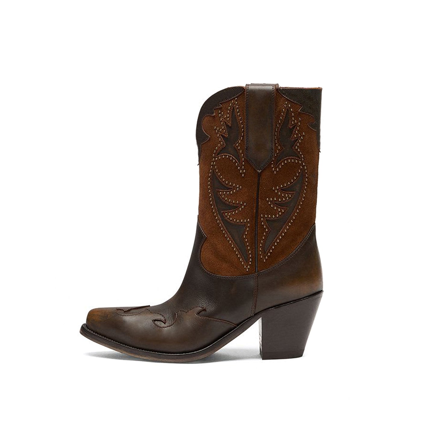 Brown Contrast Vegan Leather And Faux Suede Snip-Toe Studded Inlay Mid Calf Cowgirl Boots