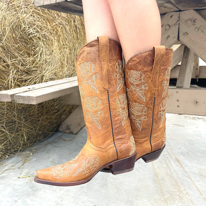 Brown Snip-Toe Rose Embroidery Mid Calf Cowgirl Boots
