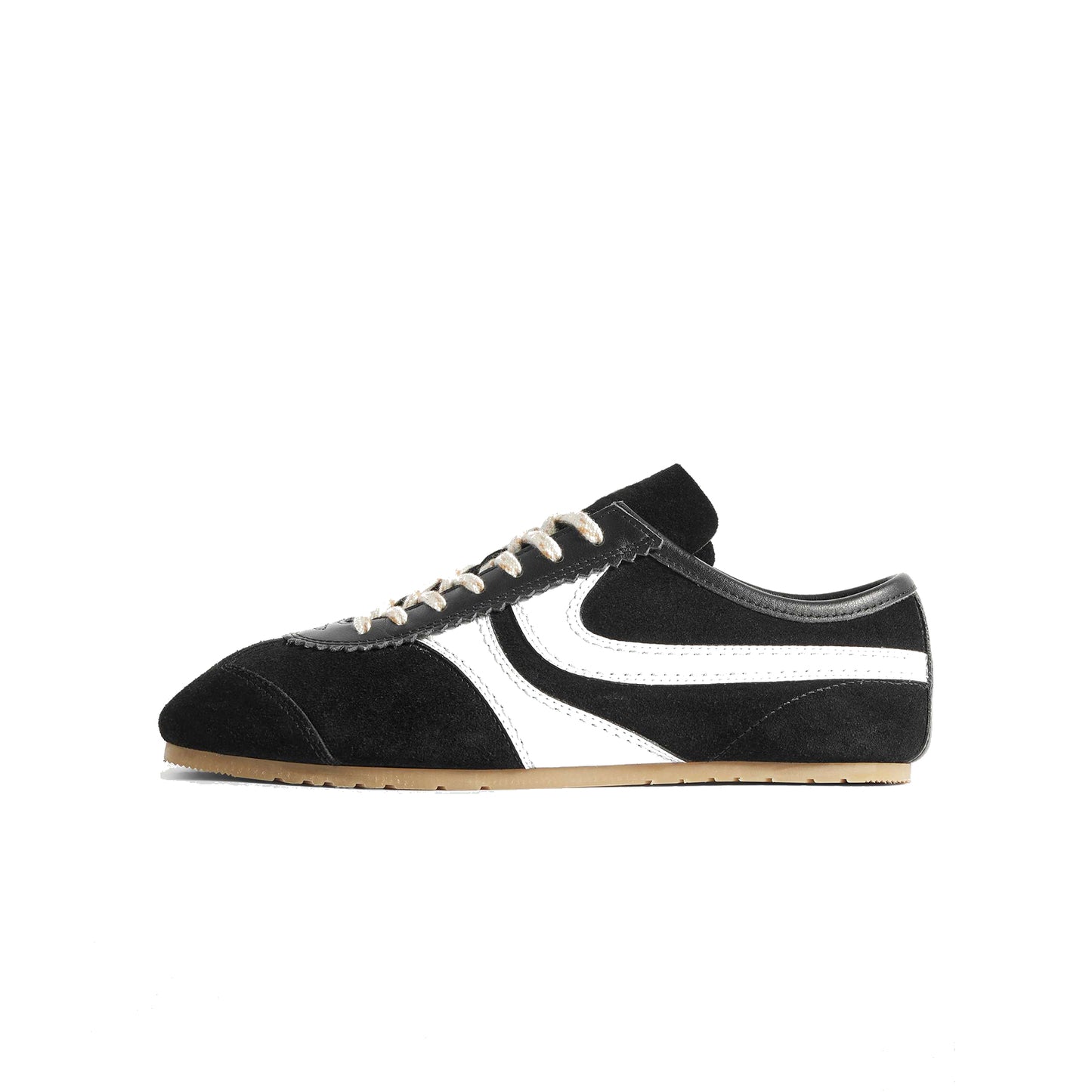 Black Contrast Faux Suede And Vegan Leather Square-Toe Lace-Up Sneakers Flats