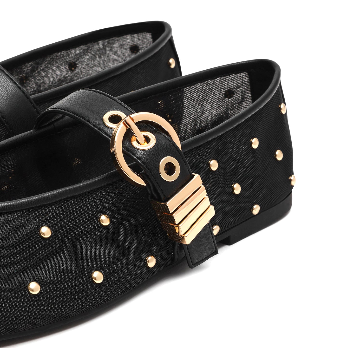 Black Studded Mesh Square-Toe Bridge Strap Ballet Flats