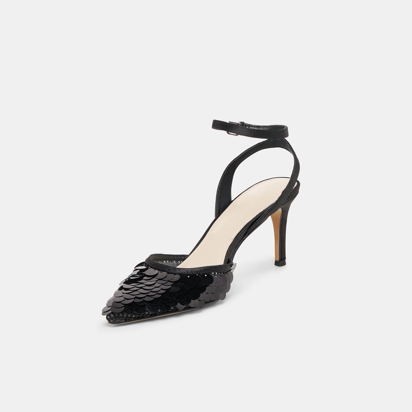 Black Mesh Satin Pointed-Toe Slip-On Slingback Kitten Heels