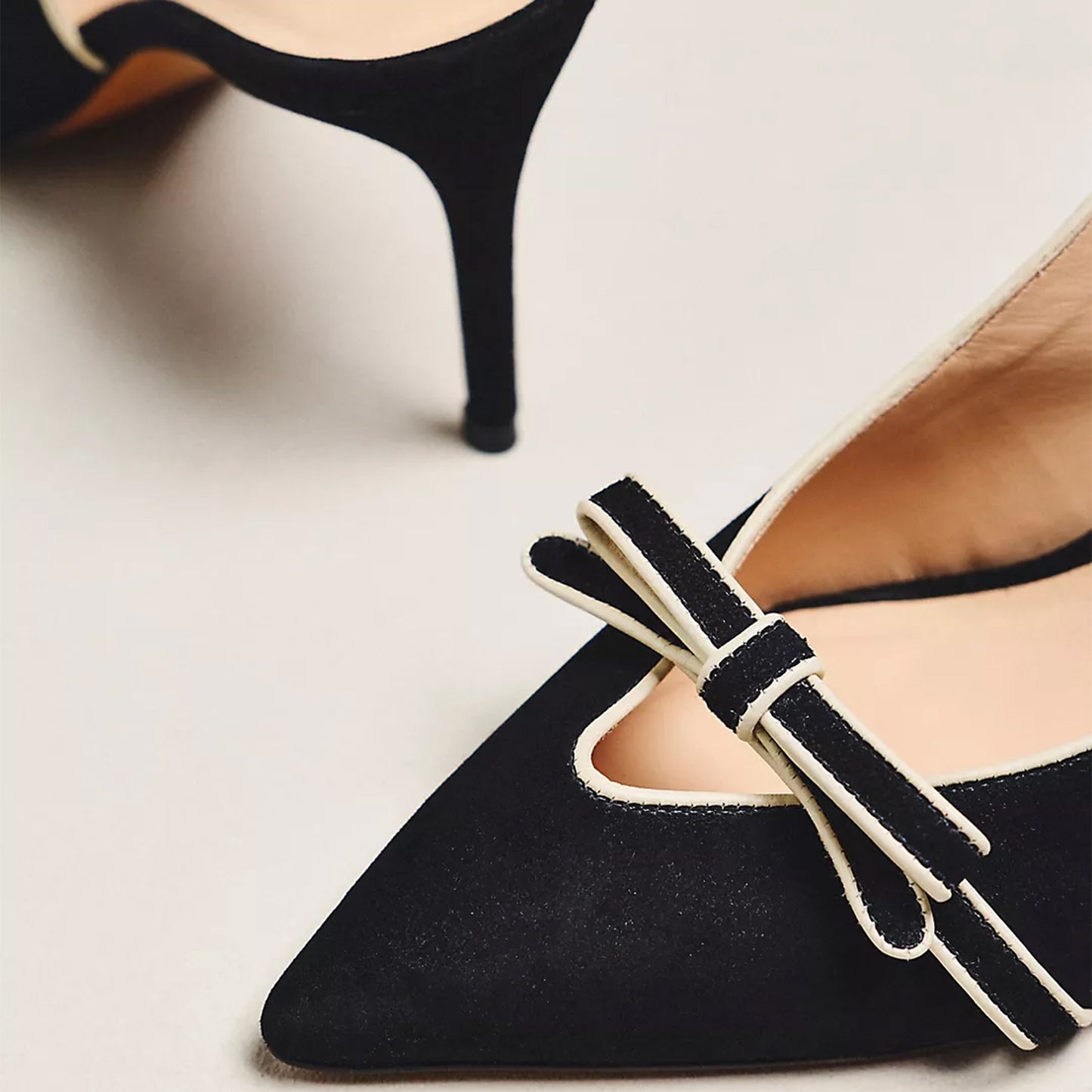 Black Suede Pointed-Toe Front Bow Slingback Ankle Strap Kitten Heels