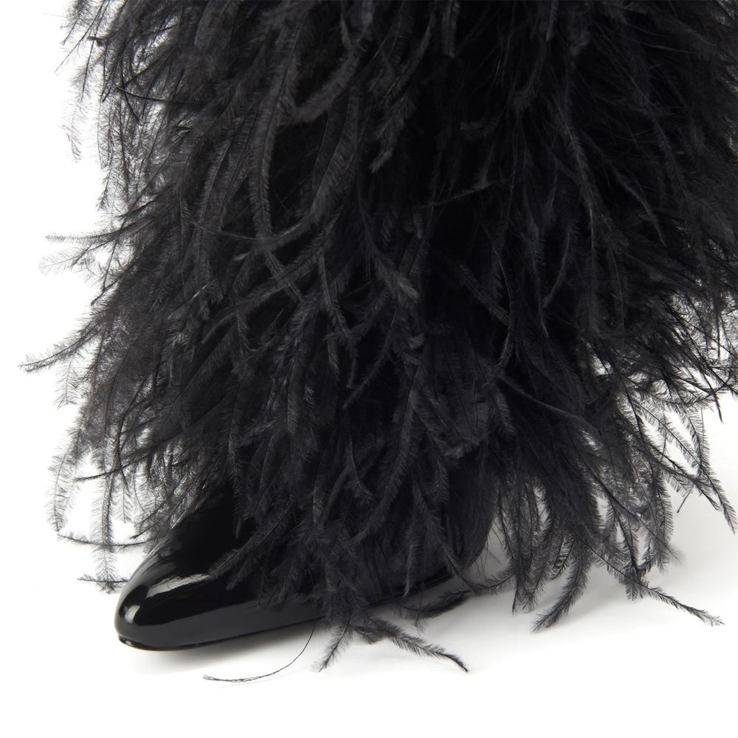 Patent Black Pointed-Toe Full Feather Wide Calf Knee High Stiletto Boots
