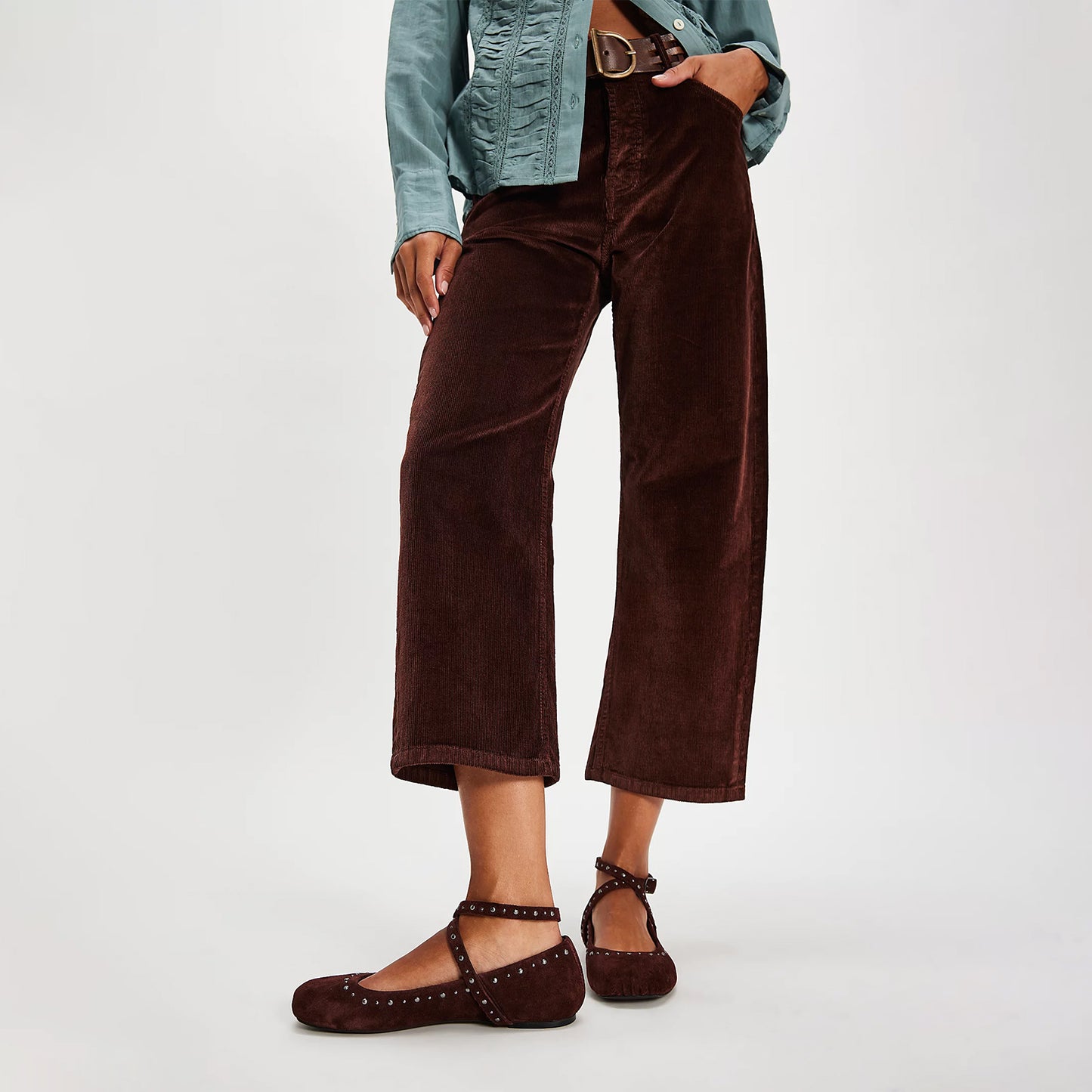 Dark Brown Faux Suede Square-Toe Wraparound Straps Studded Ballet Flats