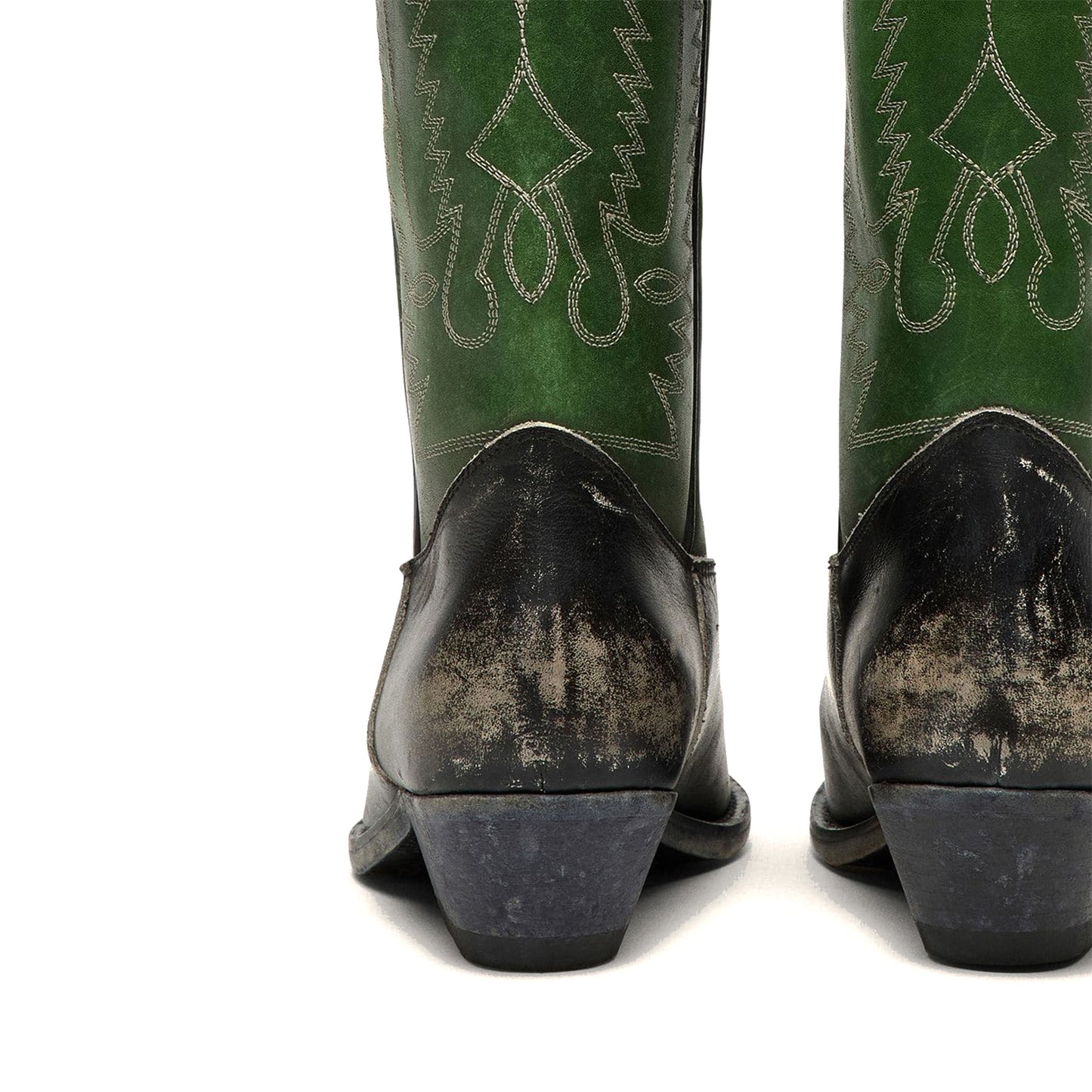 Contrast Green And Black Snip-Toe Chic Embroidery Wide Calf Knee High Cowgirl Boots