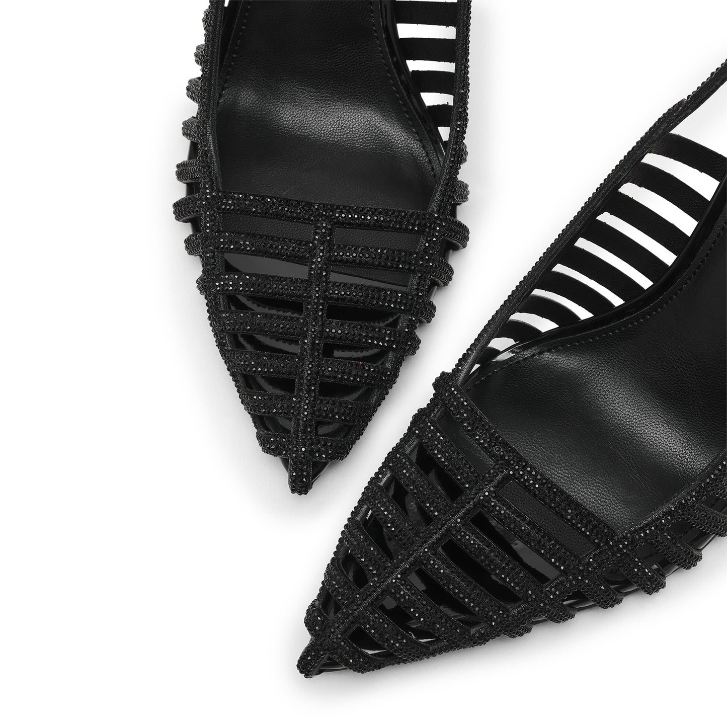 Black Faux Suede Pointed-Toe Rhinestones Strappy And Slingback Kitten Heels