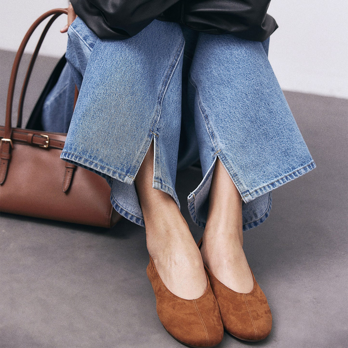 Brown Faux Suede Round-Toe Ballet Chic Flats
