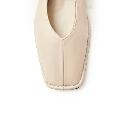 Cream Square-Toe V-Cut Vamps Bridge Self-Tie Bow Ballet Flats