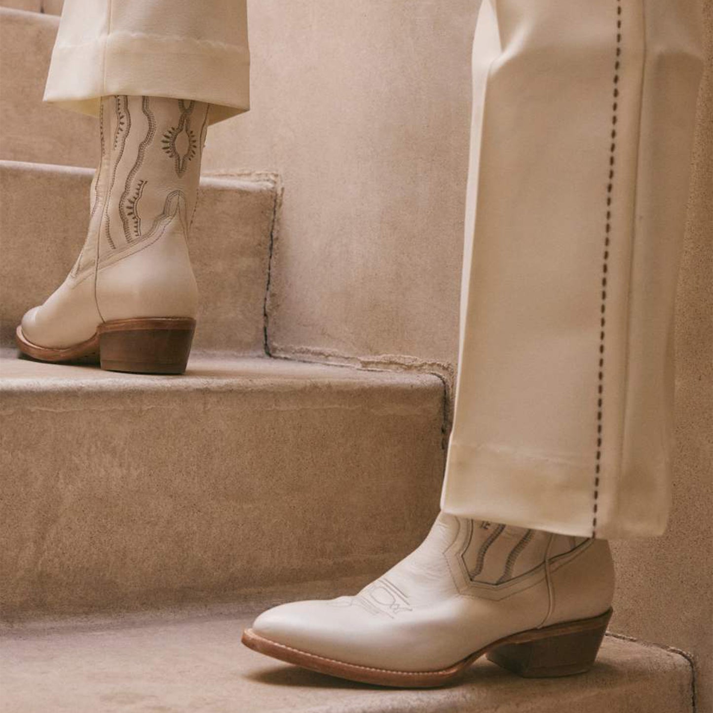 Ivory Round-Toe Classic Embroidery Wide Calf Knee High Tall Cowgirl Boots