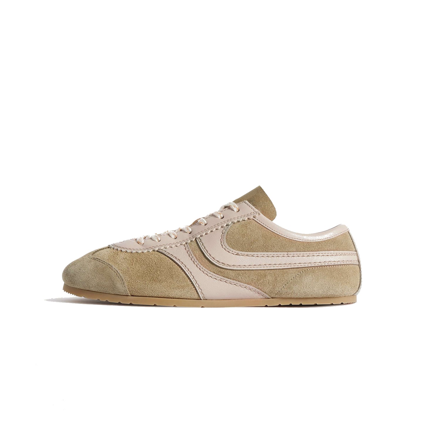Beige Contrast Faux Suede And Vegan Leather Square-Toe Lace-Up Sneakers Flats