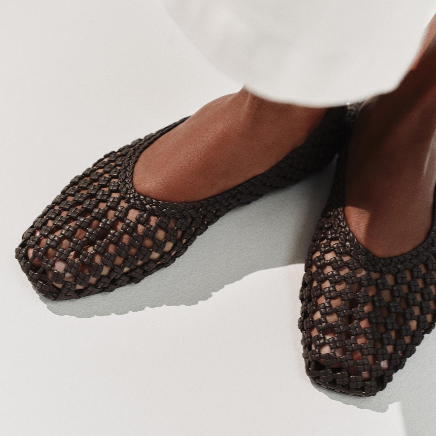 Brown Woven Vegan Leather Square-Toe Chic Slip-On Ballet Flats