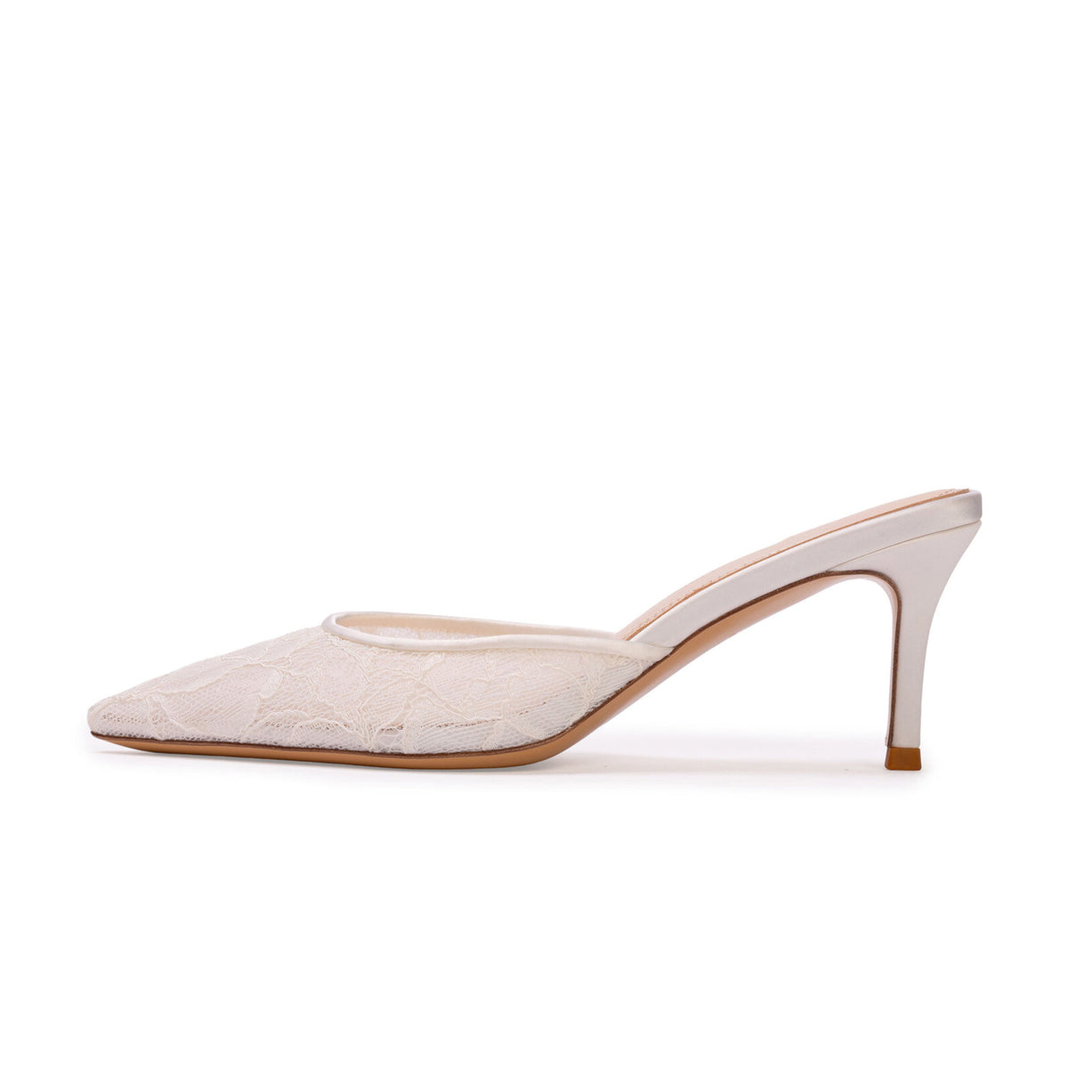 White Lace Mesh Pointed-Toe Backless Simple Kitten Heels