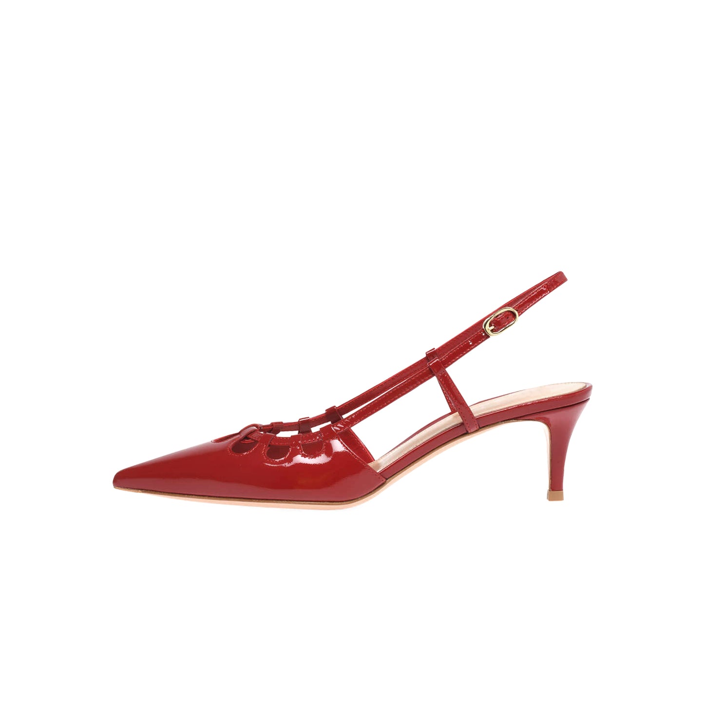 Patent Red Pointed-Toe Buckle Slingback Kitten Heels