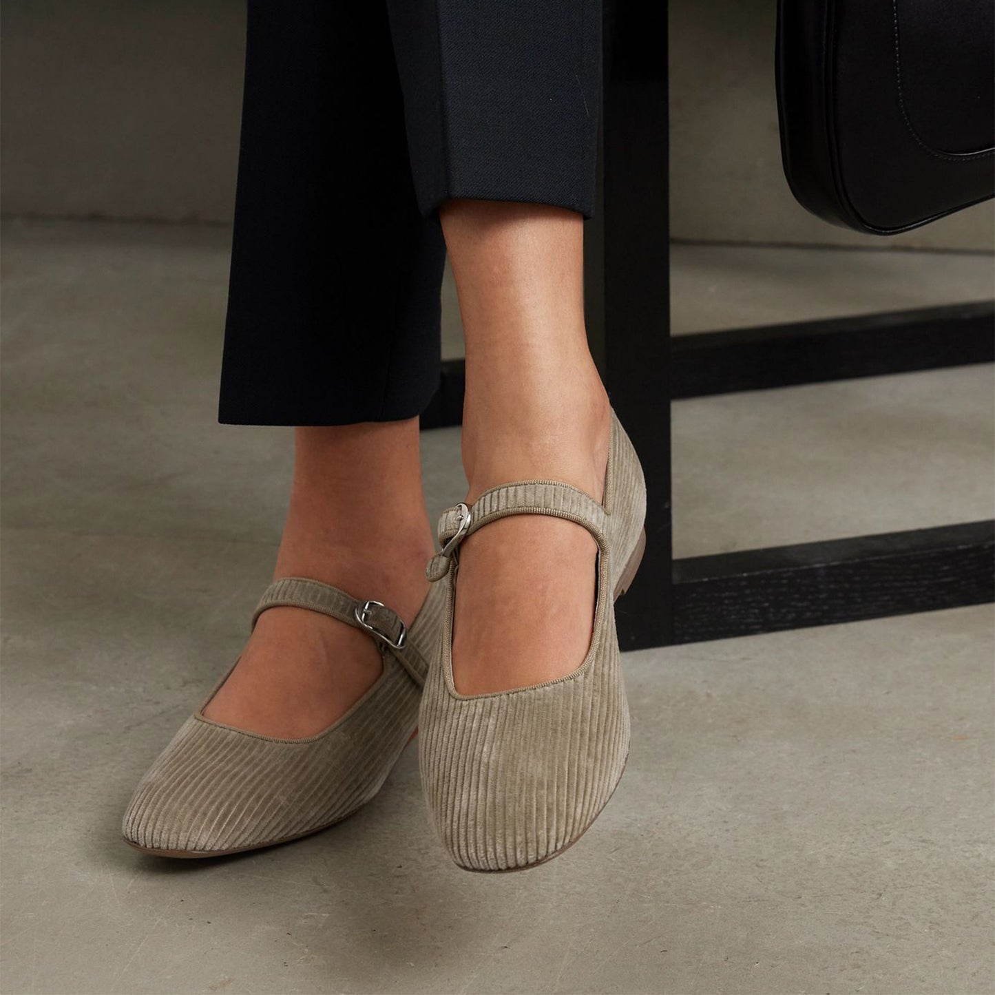 Beige Threaded Fabric Square-Toe Mary Jane Slip-On Ballet Flats