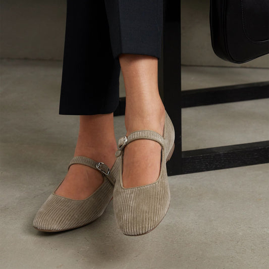 Beige Threaded Fabric Square-Toe Mary Jane Slip-On Ballet Flats