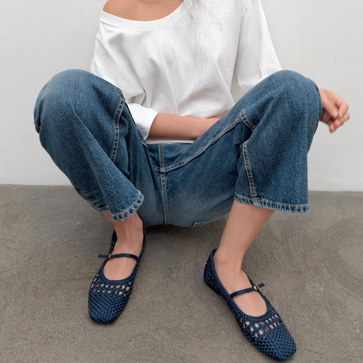 Blue Woven Satin Square-Toe Buckle Mary Jane Chic Flats