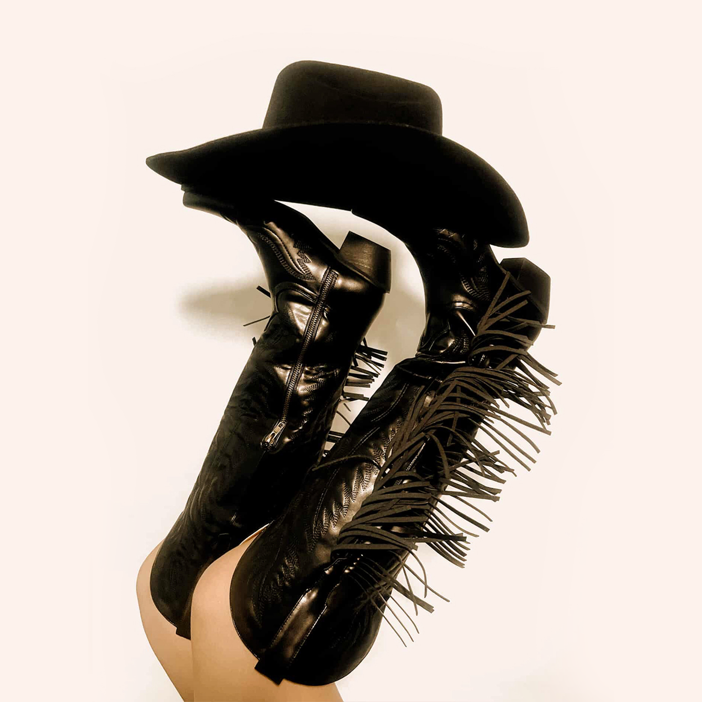 Black Snip-Toe Embroidery Side Fringe Half-Zip Knee High Cowgirl Boots