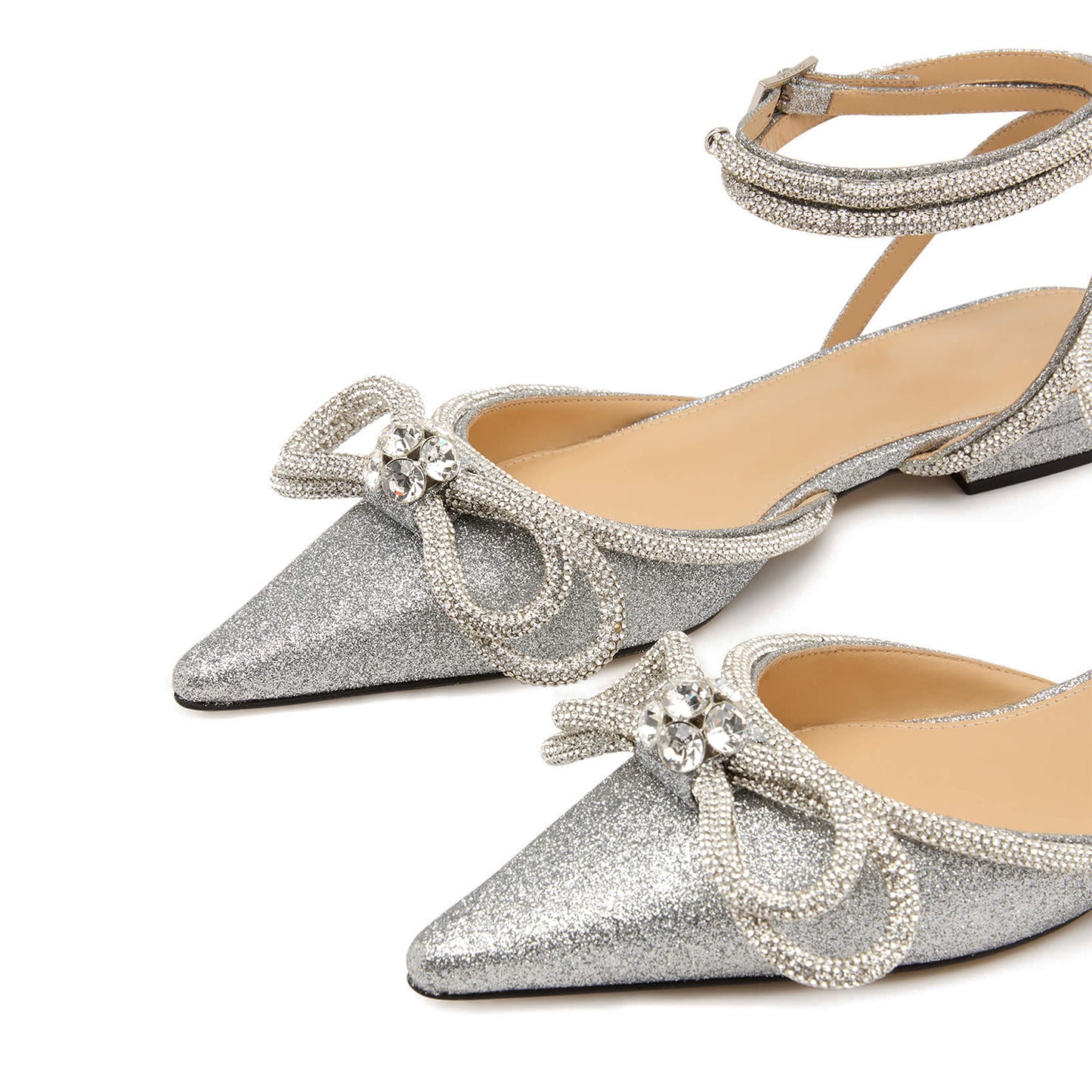 Silver Full Glitter Pointed-Toe Double Bow With Rhinestones Ankle Strap Flats