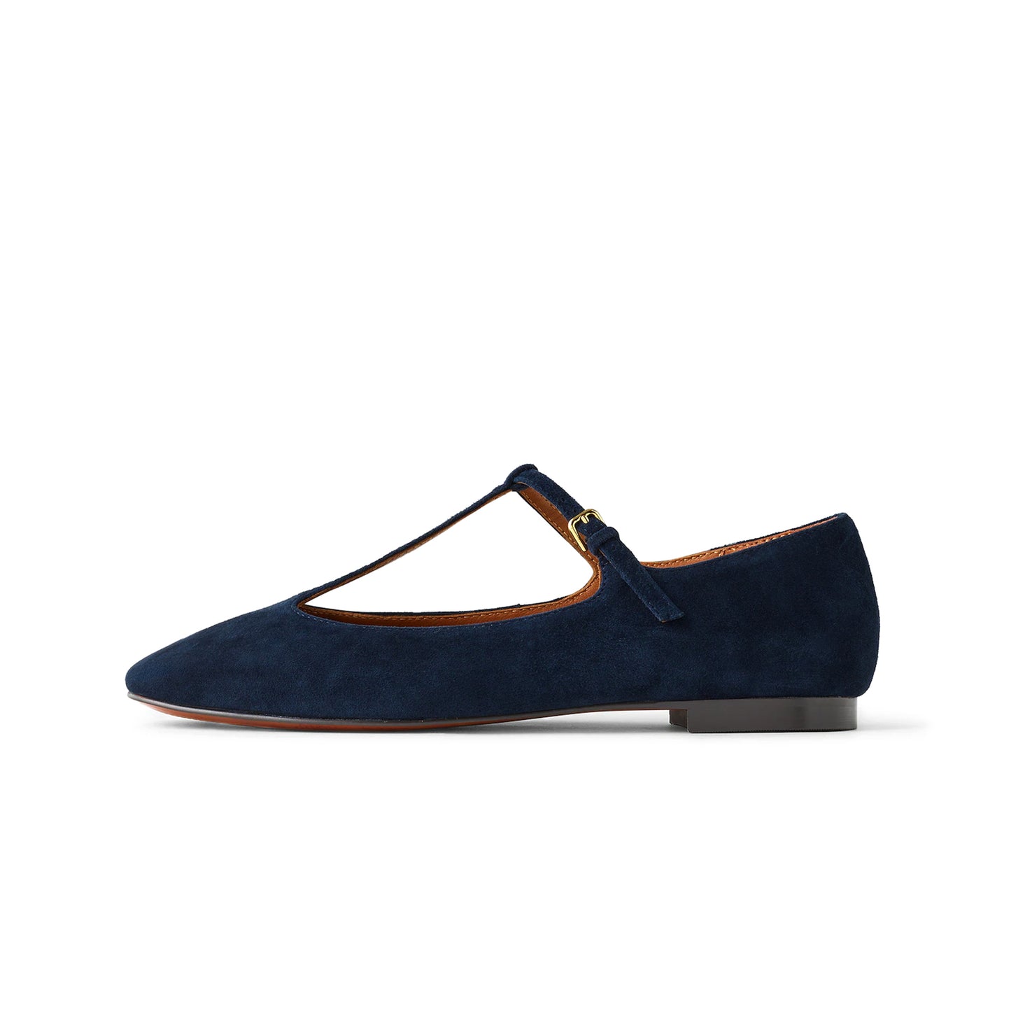 Indigo Faux Suede Square-Toe Buckled T-Strap Ballet Flats