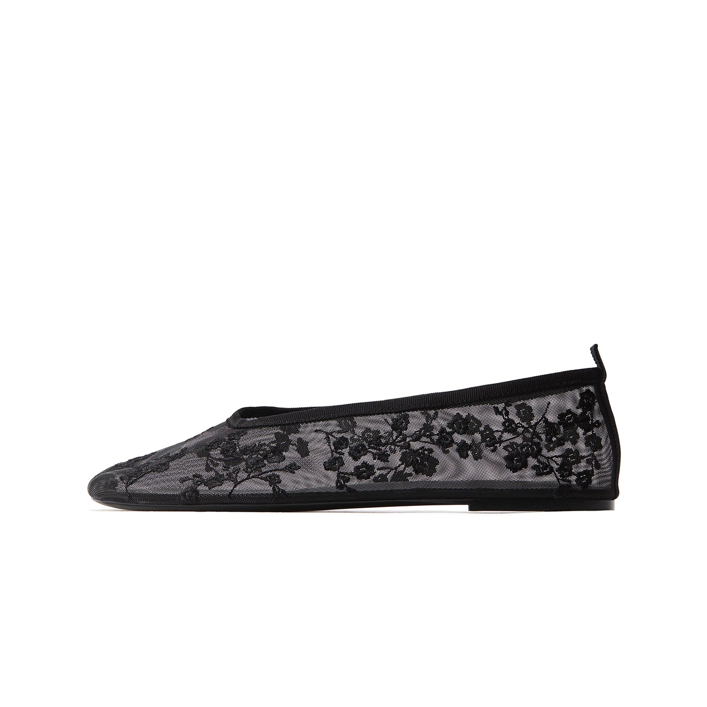 Black Mesh Round-Toe Floral Embroidery Ballet Flats