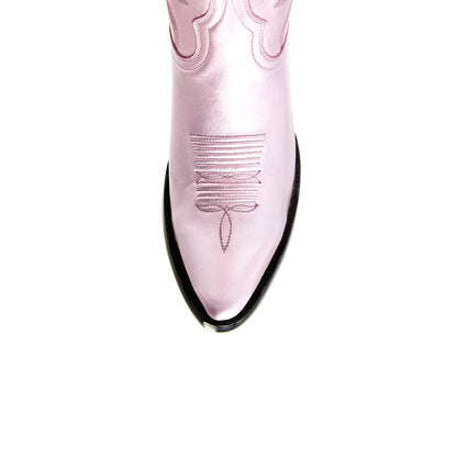 Metallic Pink Almond-Toe Embroidery Ankle Cowgirl Boots