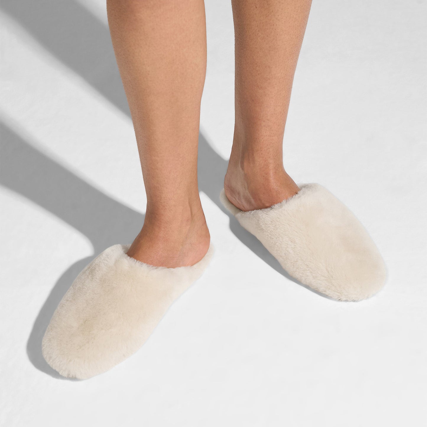 Cream Plush Square-Toe Slip-On Backless Slippers Flats