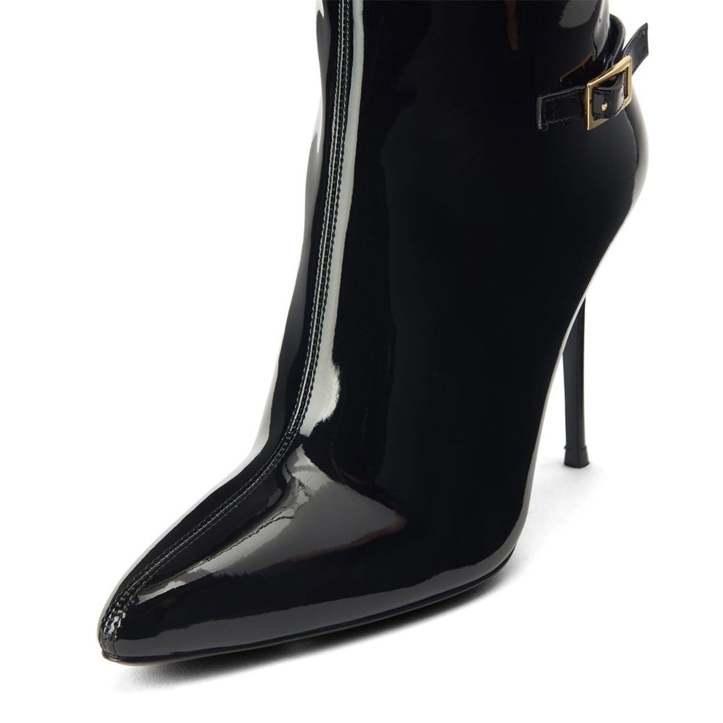 Patent Black Pointed-Toe Back Buckle Straps Full-Zip Knee High Stiletto Boots